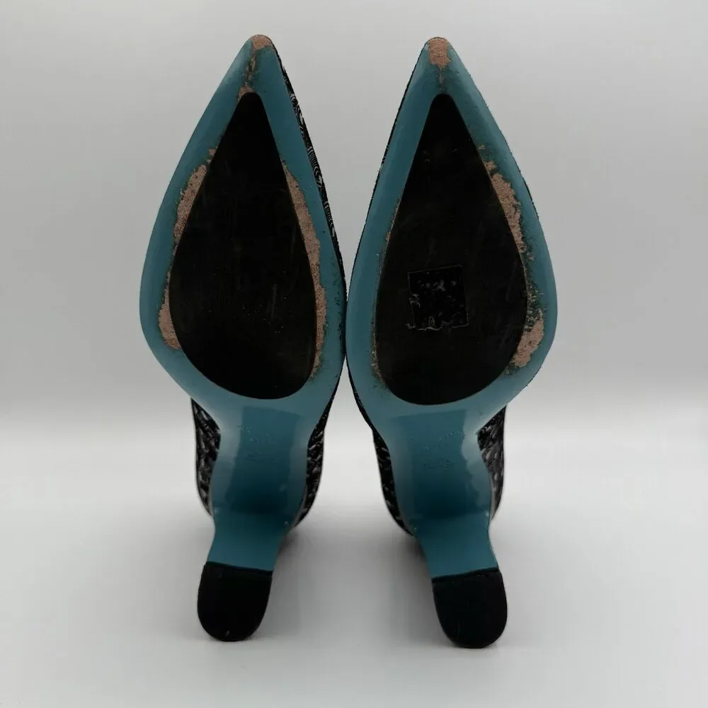 Valentina Rangoni Vintage Black Metallic Pumps 7.5M Pointed Toe Made Italy